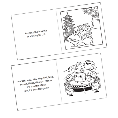 Active Snacks Coloring Book Volume 1 Fitness Edition, interior detail page  of brownie doing tai chi and marshmallows jumping on a trampoline