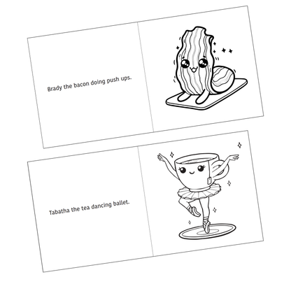 Active Snacks Coloring Book Volume 1 Fitness Edition, interior detail page  of bbacon doing a push up and tea ballet dancing